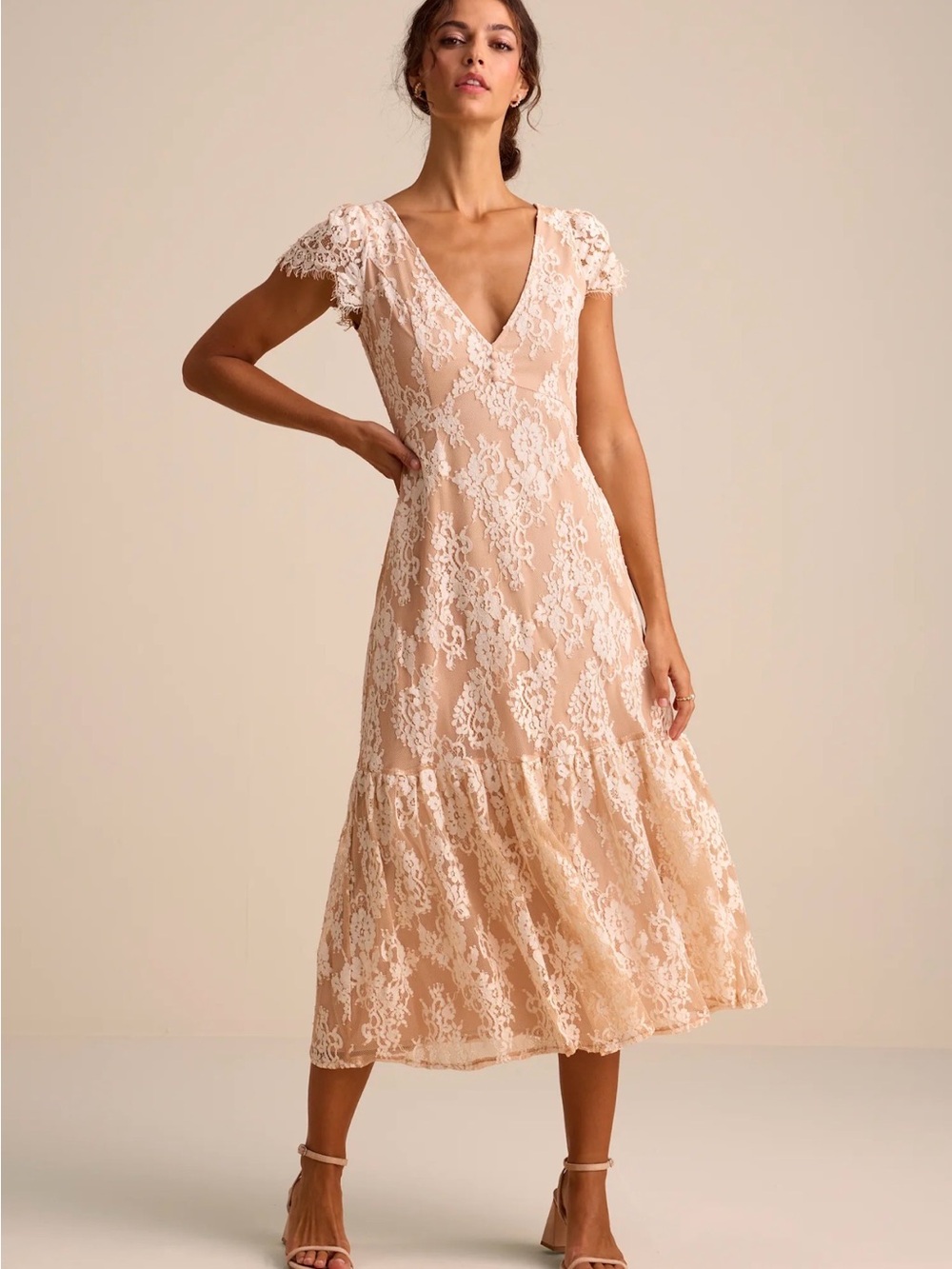 Lulu's Blush Lace V-Neck Midi Dress
